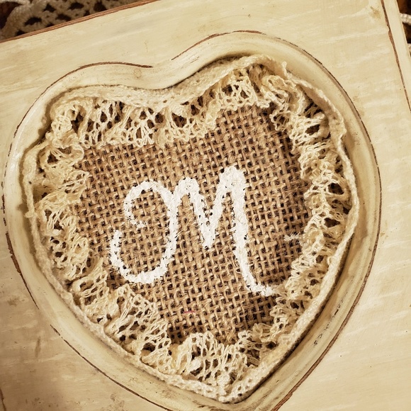 Burlap & Lace Heart "M" Jewelry Box - Picture 1 of 8